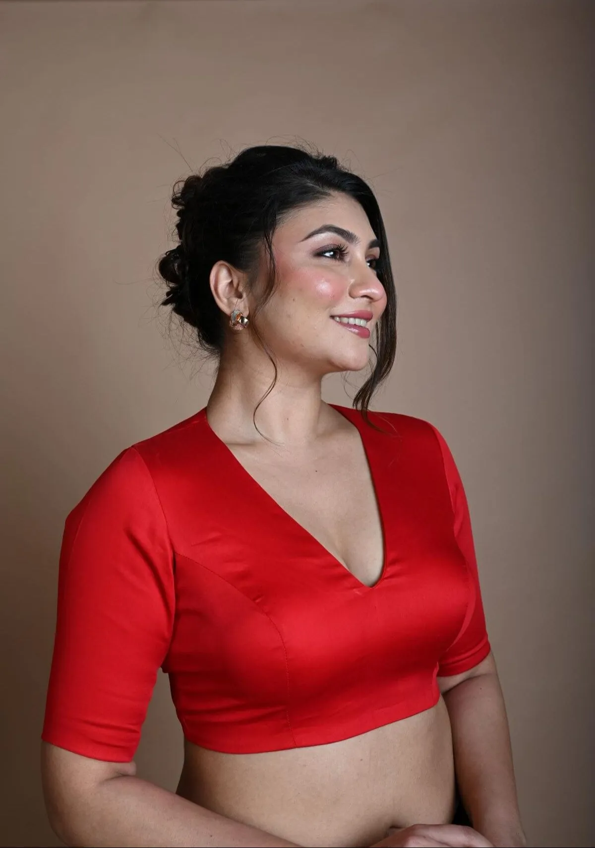 Red Half Sleeve Blouse in Cotton with V Neckline and Back Cutout