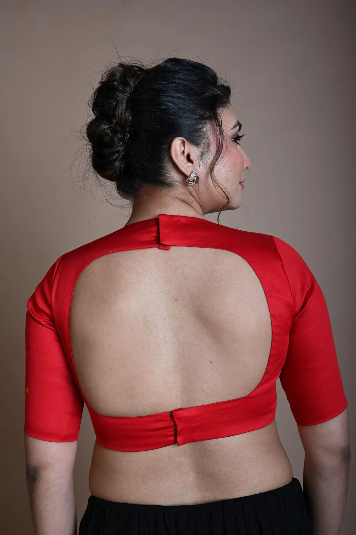 Red Half Sleeve Blouse in Cotton with V Neckline and Back Cutout