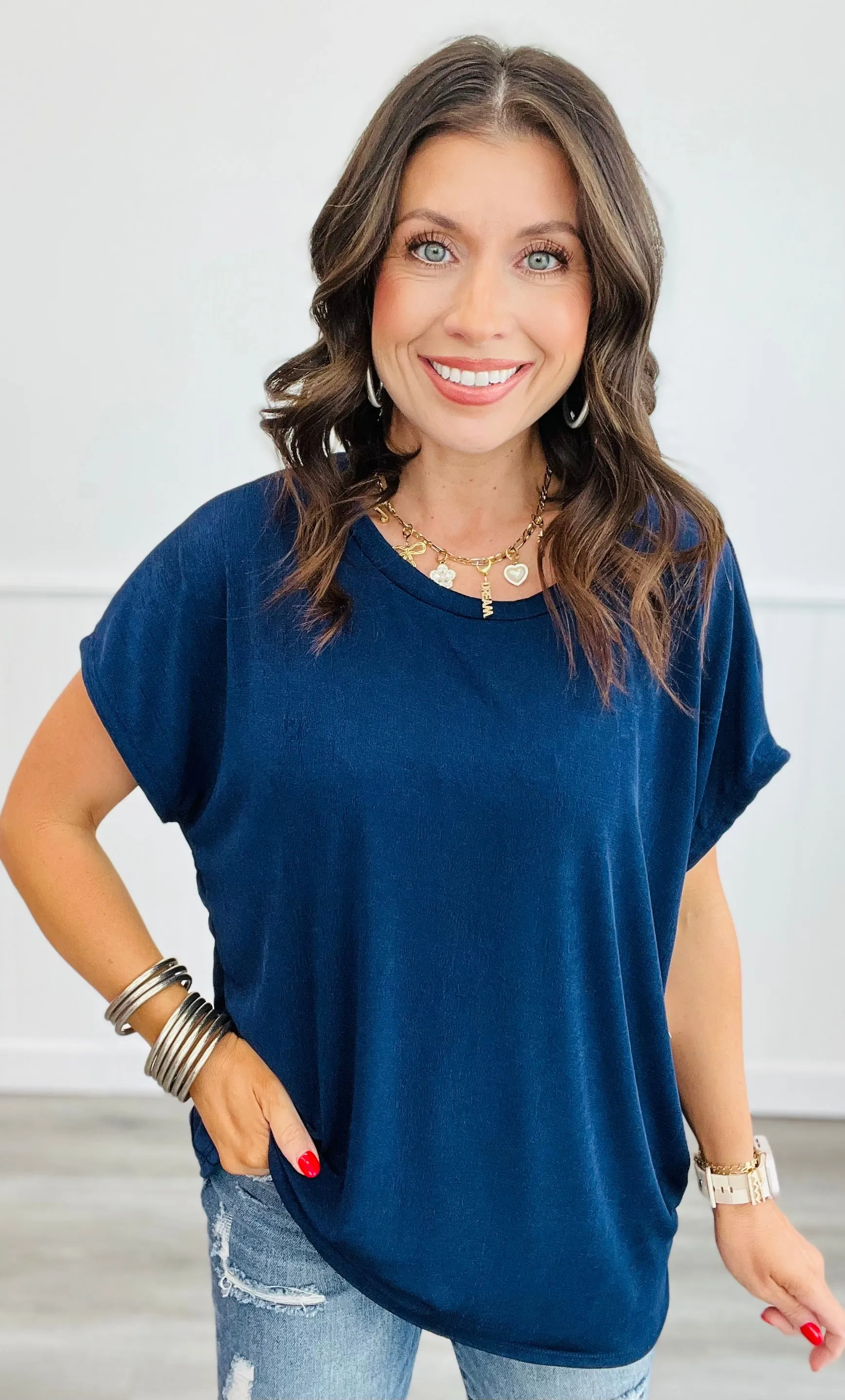 Relaxed Fit Round Short Sleeve Blouse (Reg. and Plus) - 4 Colors