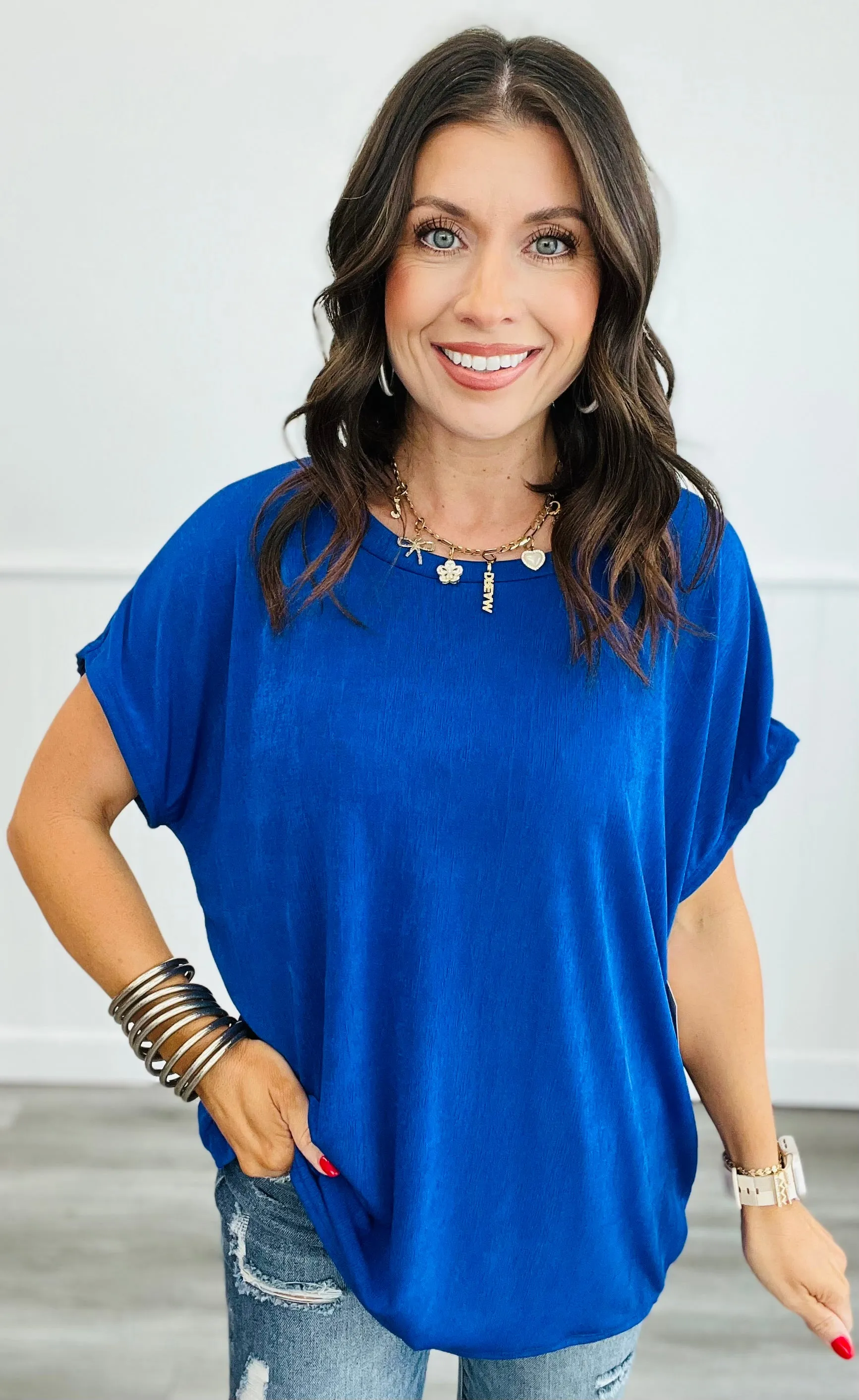 Relaxed Fit Round Short Sleeve Blouse (Reg. and Plus) - 4 Colors