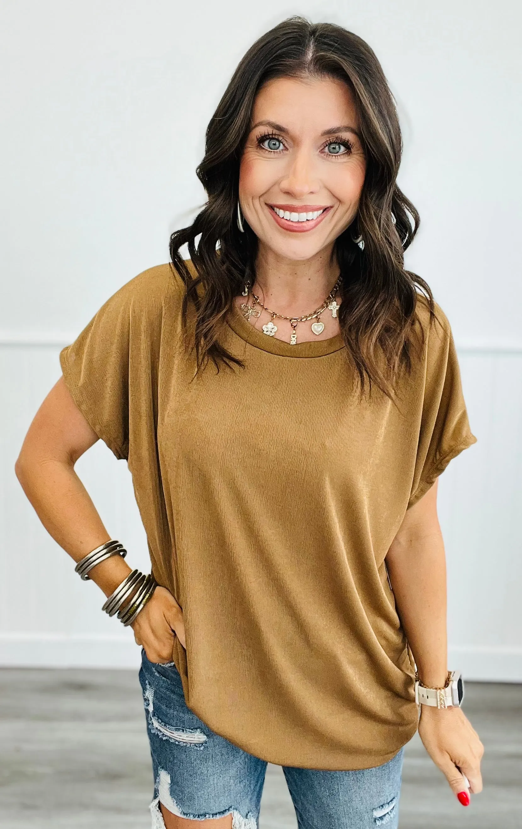 Relaxed Fit Round Short Sleeve Blouse (Reg. and Plus) - 4 Colors