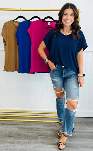 Relaxed Fit Round Short Sleeve Blouse (Reg. and Plus) - 4 Colors