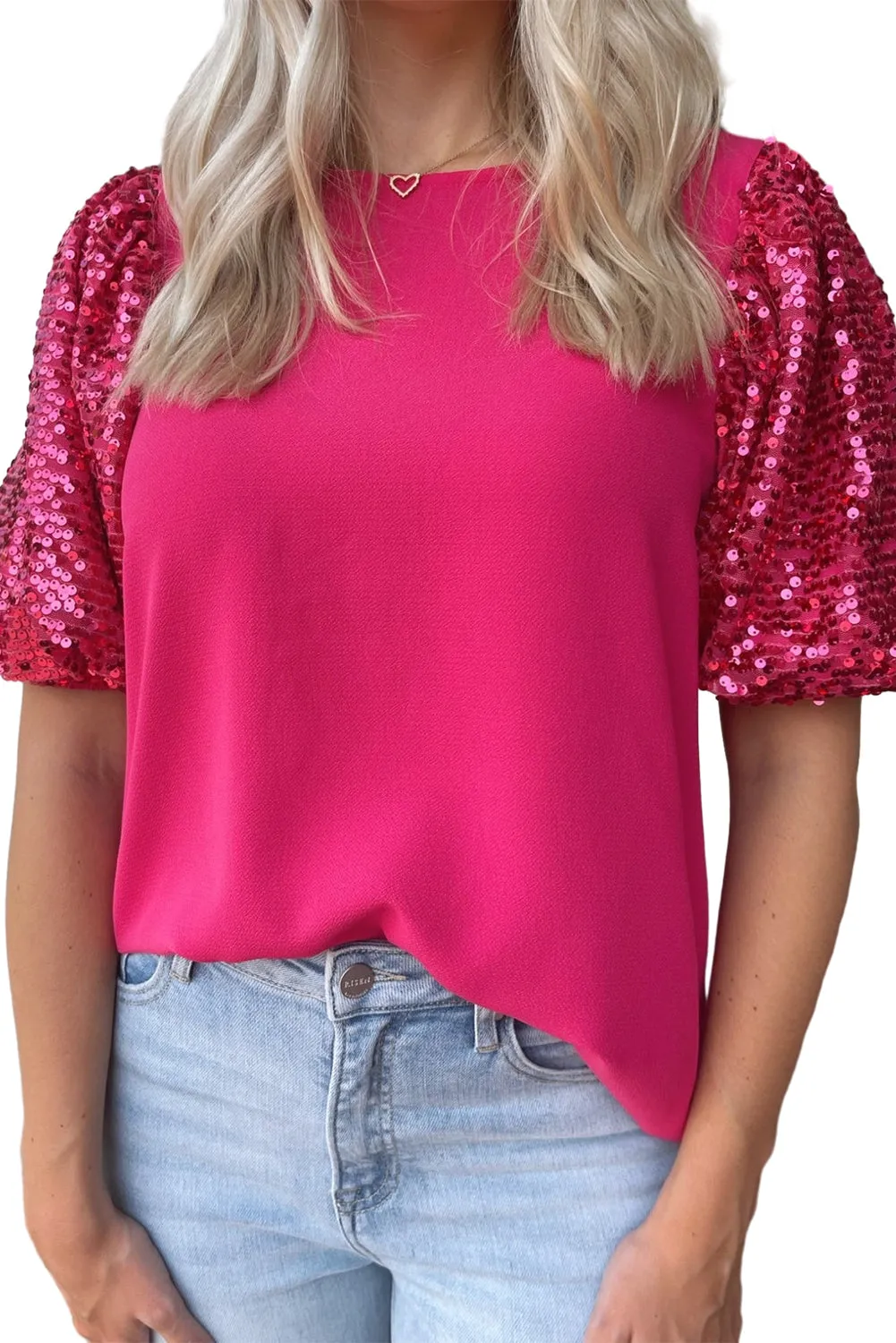 Rose Sequin Puff Sleeve Blouse