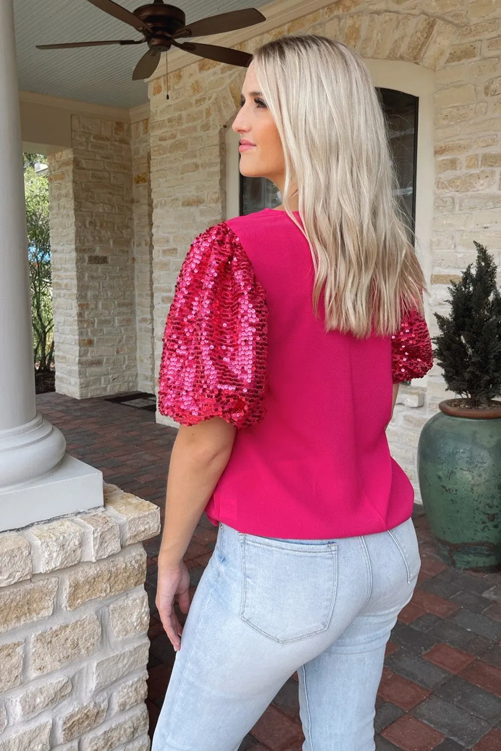 Rose Sequin Puff Sleeve Blouse