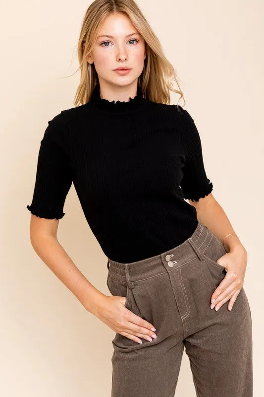 Short Sleeve Mock Neck Top - Black, Brick, Cream