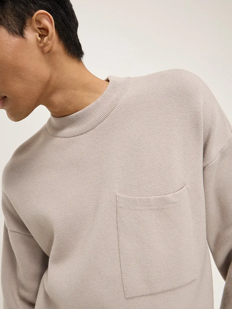 Studiofit Beige Knit-Textured Relaxed-Fit Sweatshirt