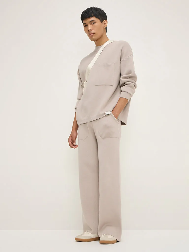 Studiofit Beige Knit-Textured Relaxed-Fit Sweatshirt