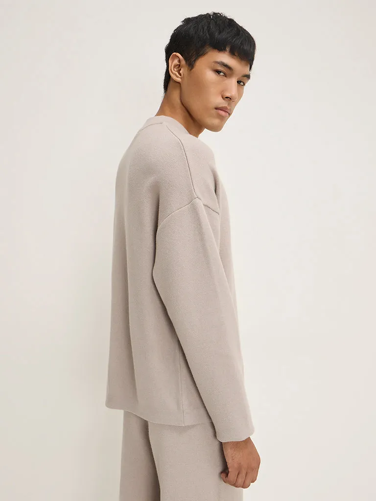 Studiofit Beige Knit-Textured Relaxed-Fit Sweatshirt