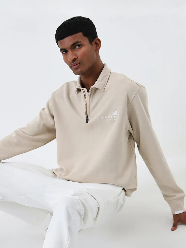 Studiofit Beige Text Design Relaxed-Fit Sweatshirt