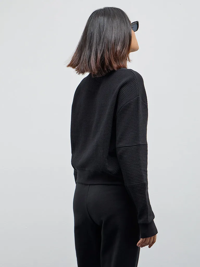 Studiofit Black Waffle-Textured Cotton Sweatshirt