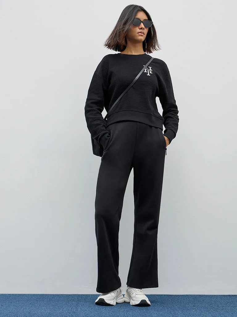 Studiofit Black Waffle-Textured Cotton Sweatshirt