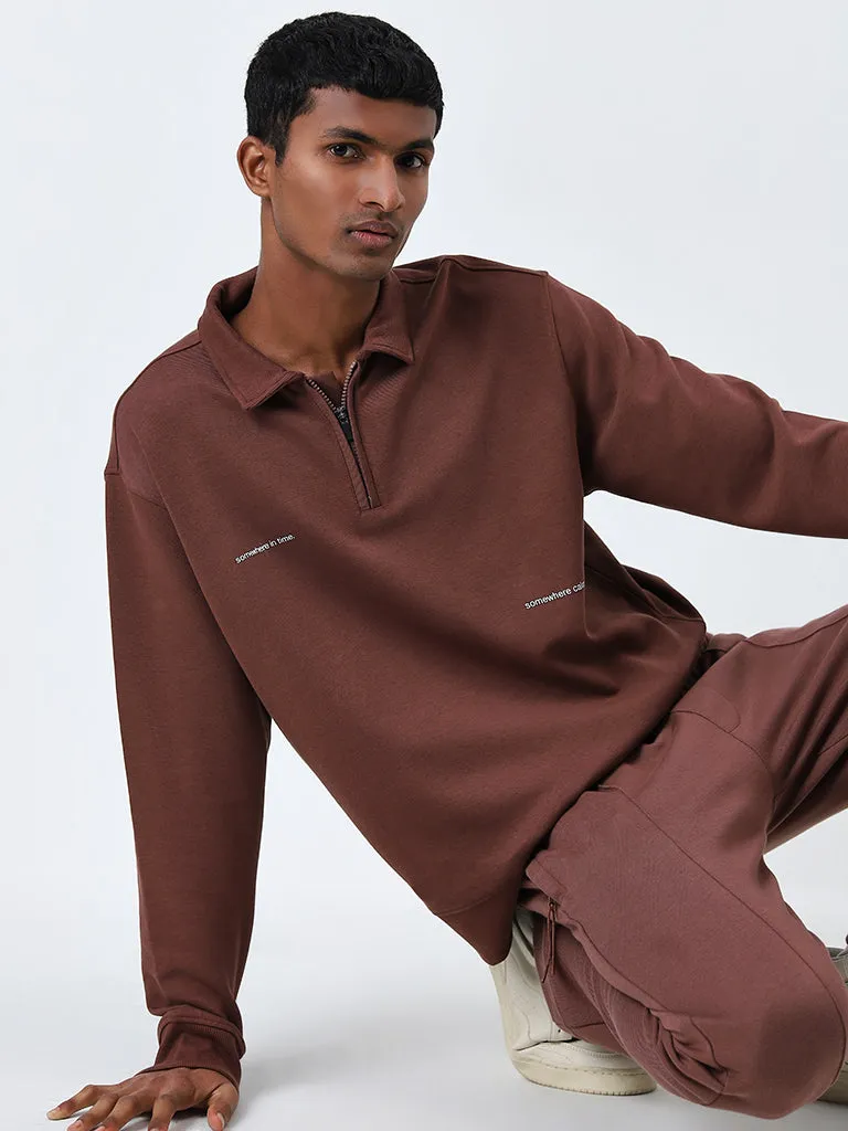 Studiofit Dark Brown Text Design Relaxed-Fit Sweatshirt