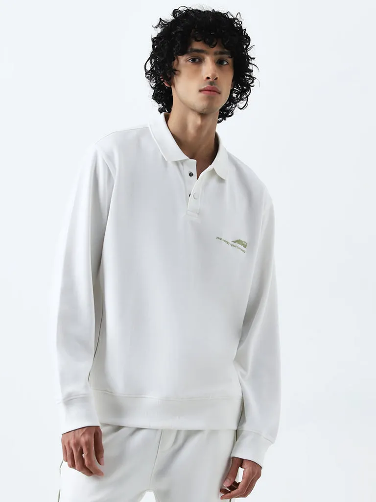 Studiofit White Embroidered Relaxed-Fit Sweatshirt