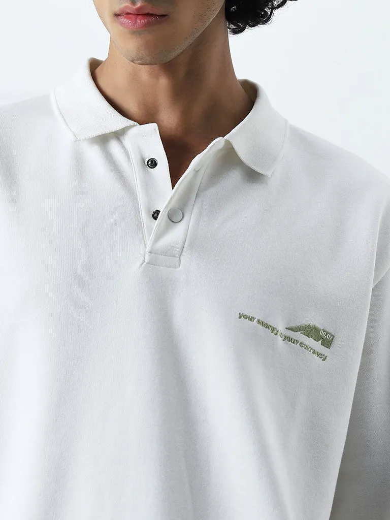Studiofit White Embroidered Relaxed-Fit Sweatshirt