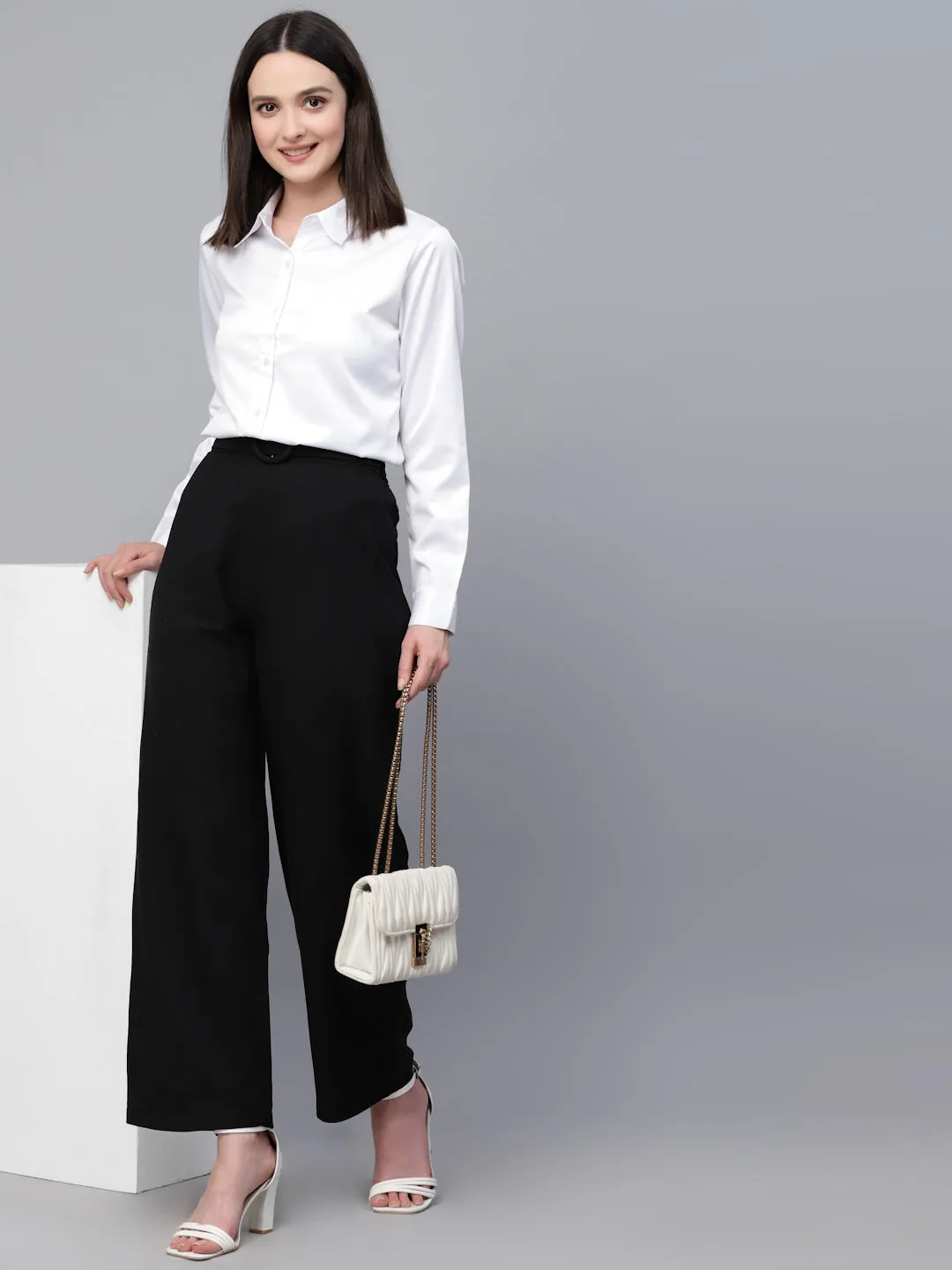 Style Quotients Women Solid White Satin Formal Shirt