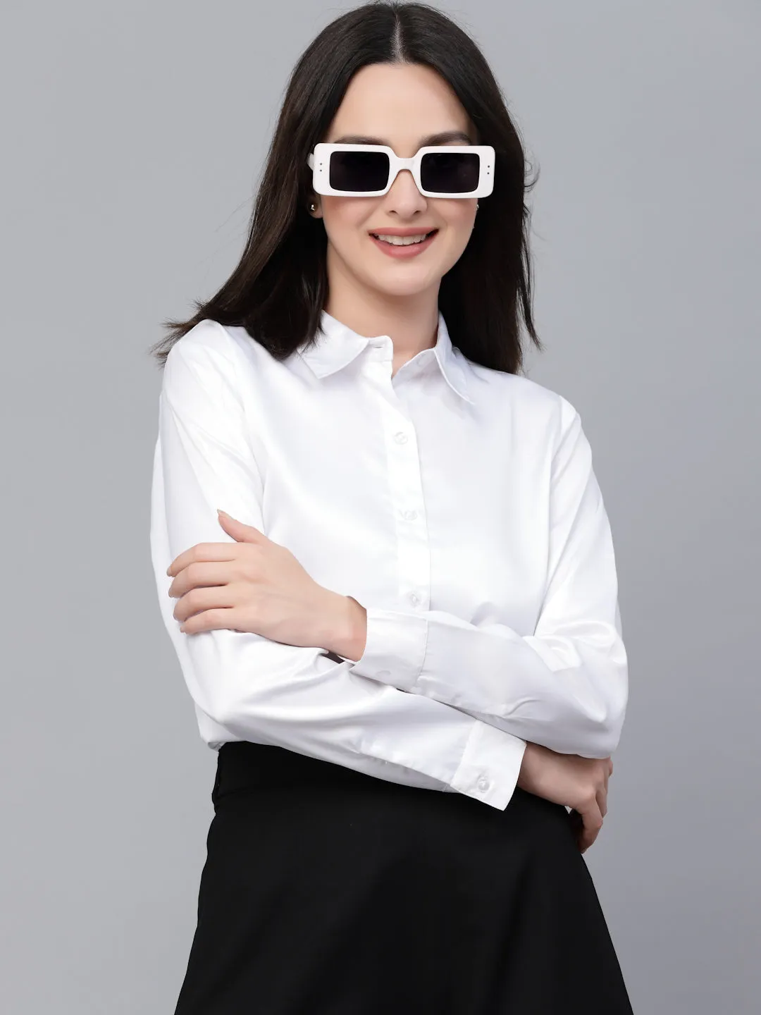Style Quotients Women Solid White Satin Formal Shirt