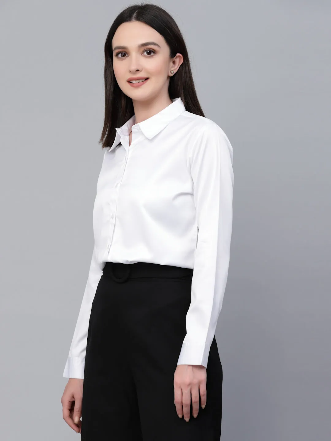 Style Quotients Women Solid White Satin Formal Shirt