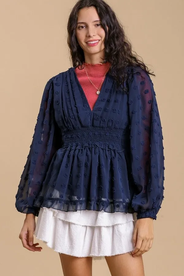 Umgee Swiss Dot Top with Smocked Detail in Navy-FINAL SALE