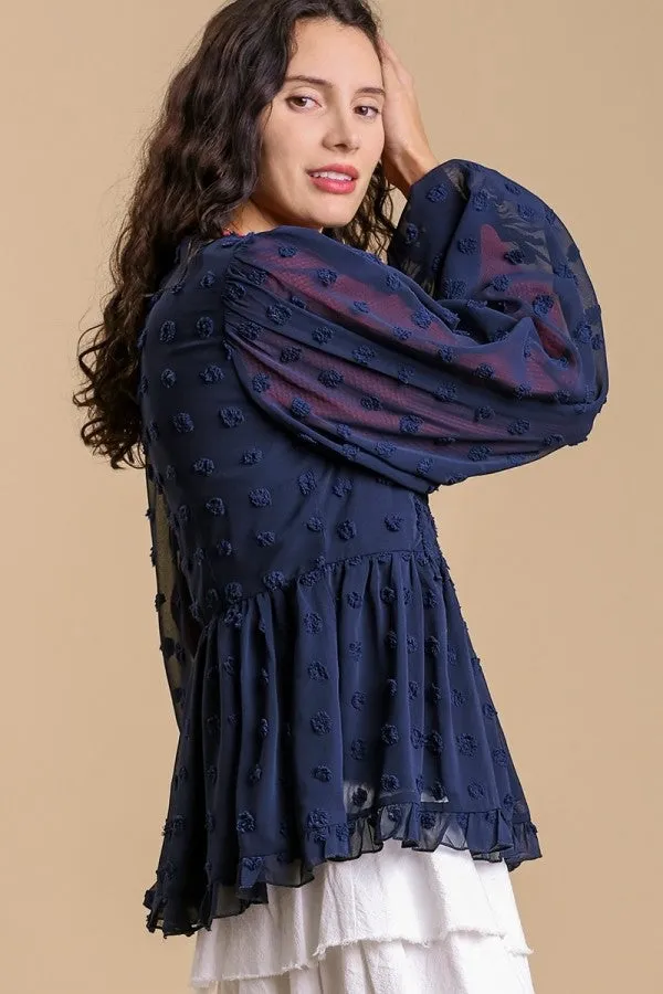 Umgee Swiss Dot Top with Smocked Detail in Navy-FINAL SALE