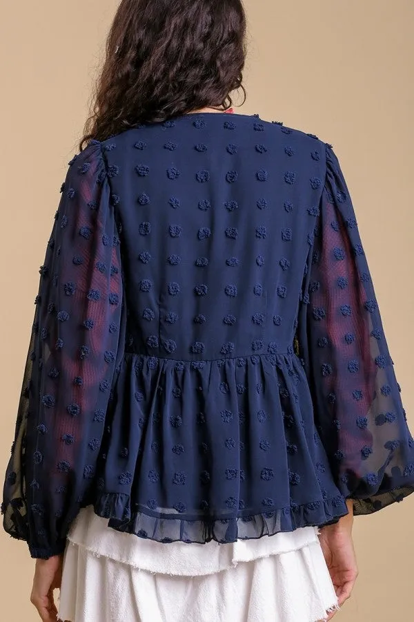 Umgee Swiss Dot Top with Smocked Detail in Navy-FINAL SALE