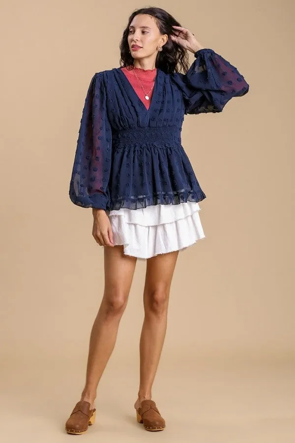 Umgee Swiss Dot Top with Smocked Detail in Navy-FINAL SALE