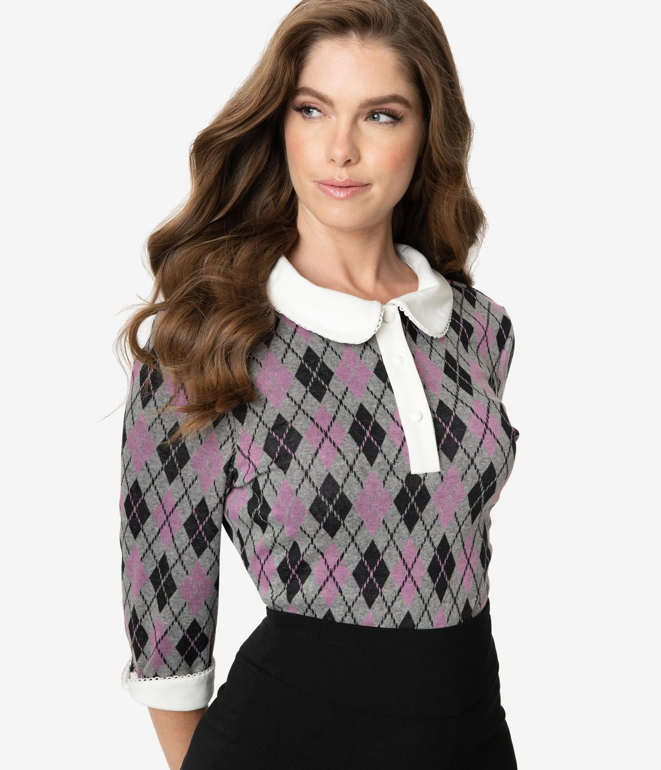 Unique Vintage 1950s Grey Argyle Knit Sleeved Sara Blouse