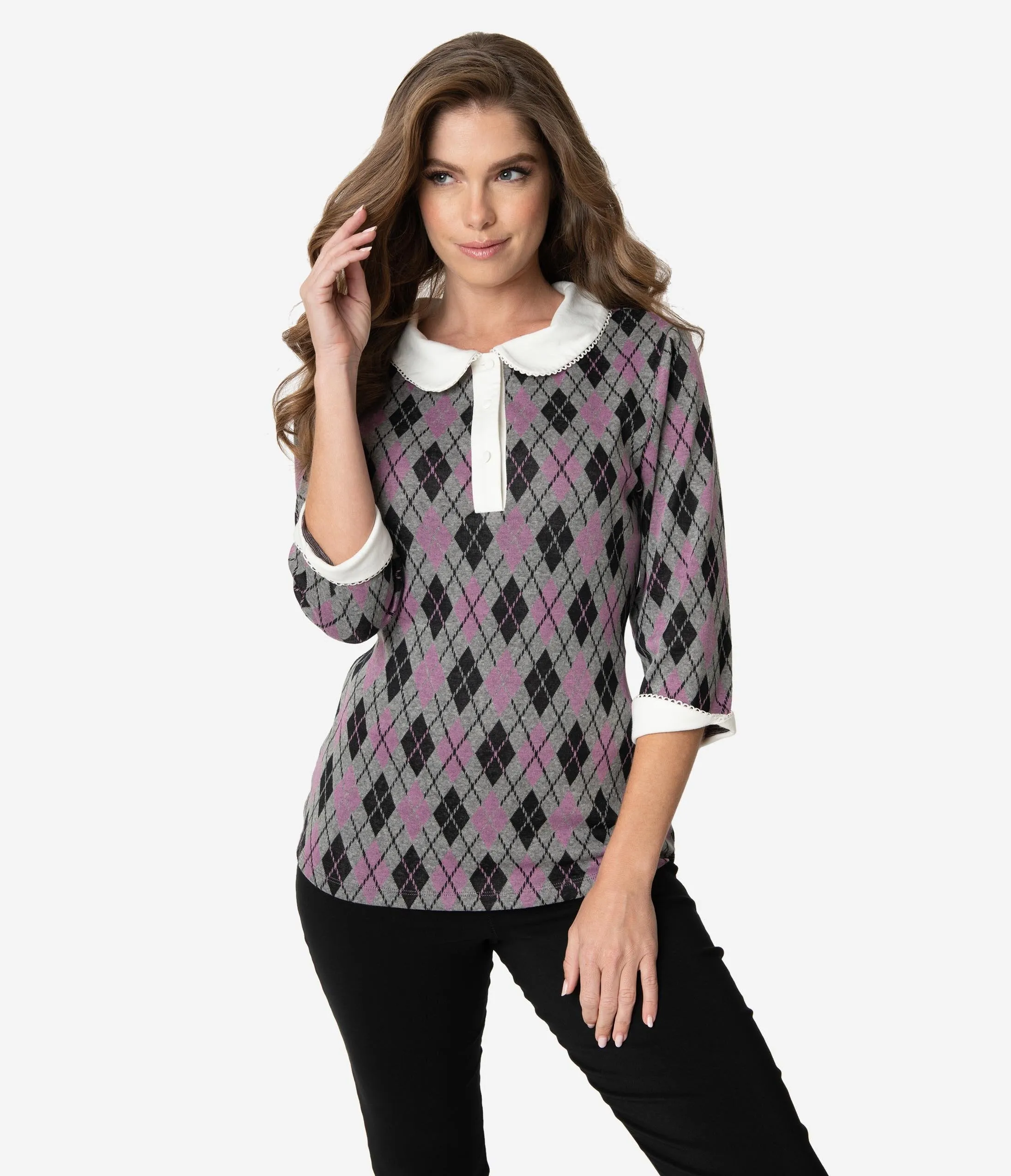 Unique Vintage 1950s Grey Argyle Knit Sleeved Sara Blouse