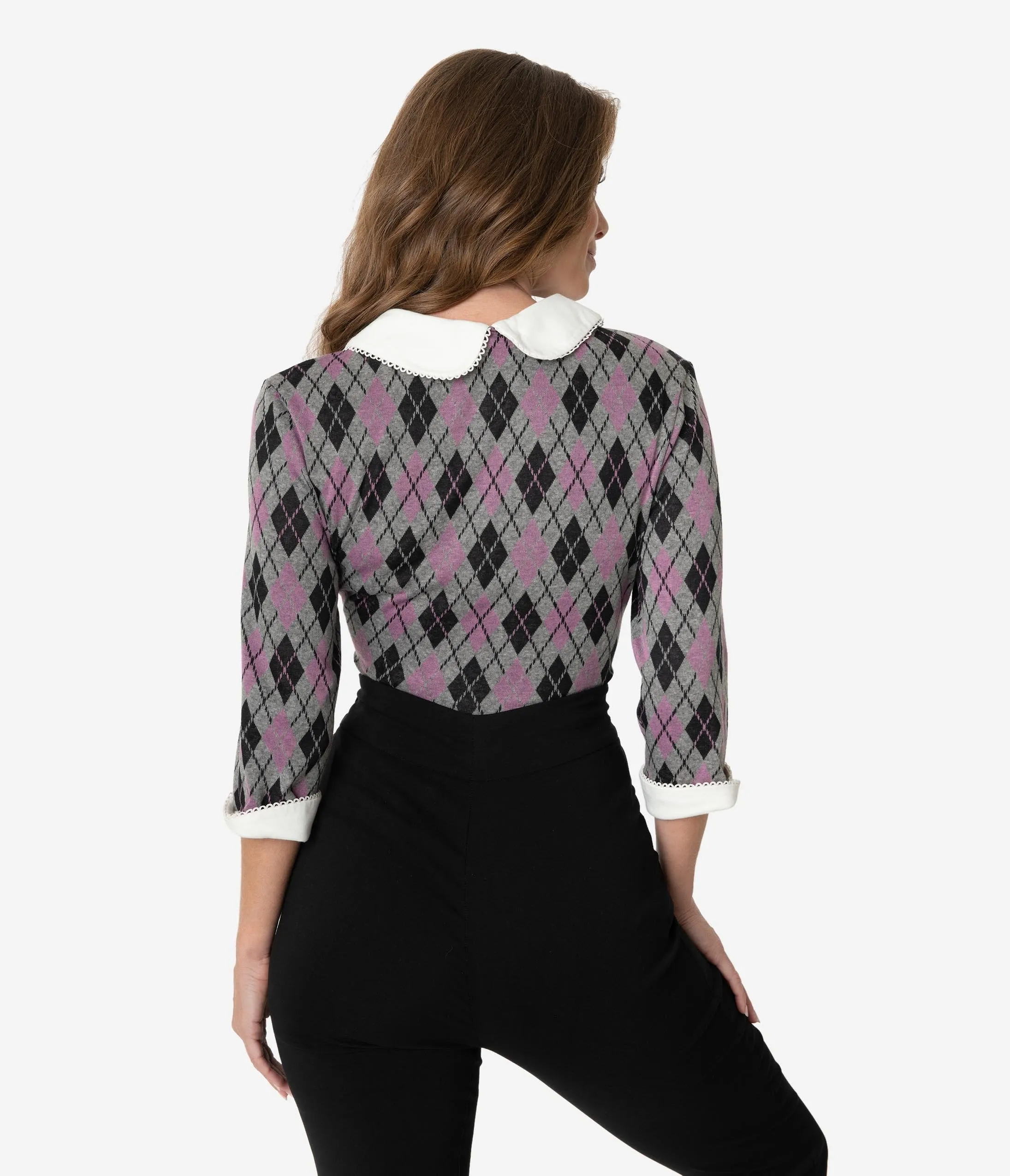 Unique Vintage 1950s Grey Argyle Knit Sleeved Sara Blouse