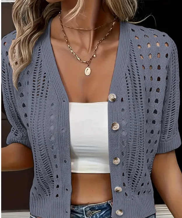 Versatile V-neck Hollow Button Cardigan