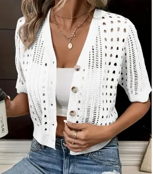 Versatile V-neck Hollow Button Cardigan