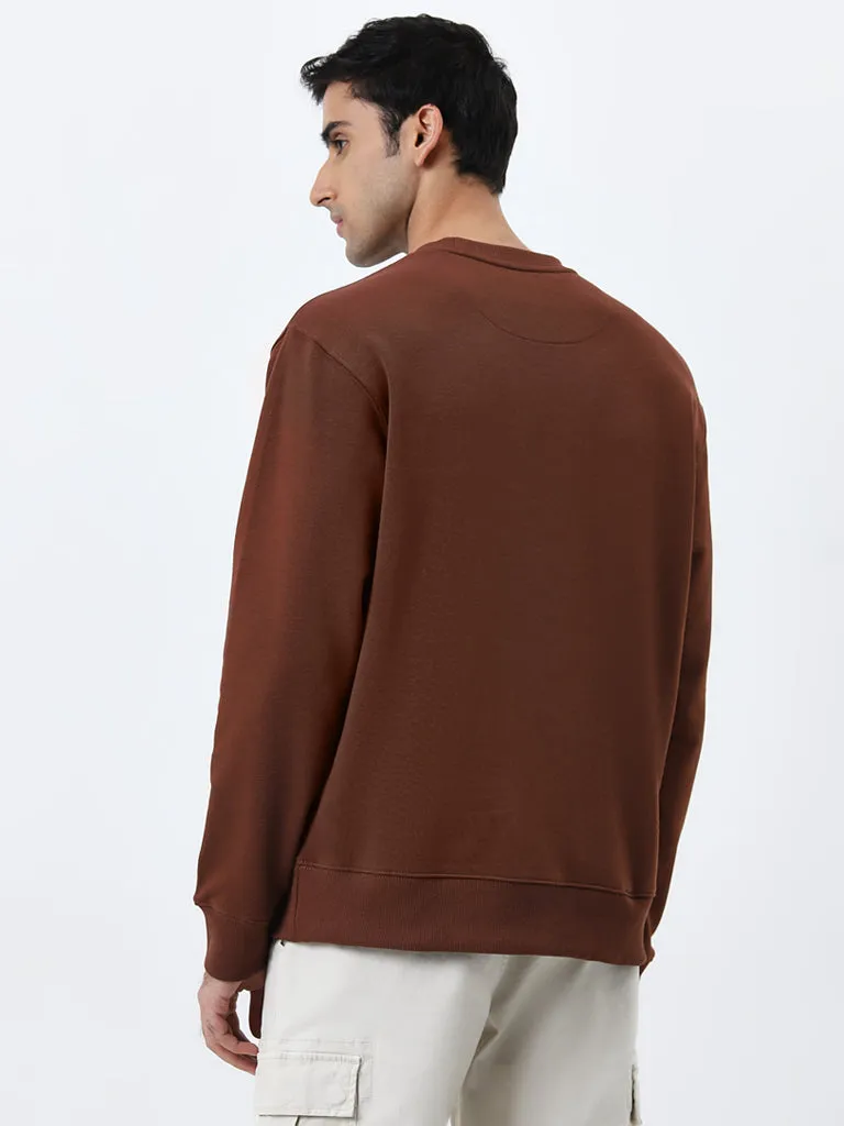 WES Casuals Brown Relaxed-Fit Cotton Blend Sweatshirt