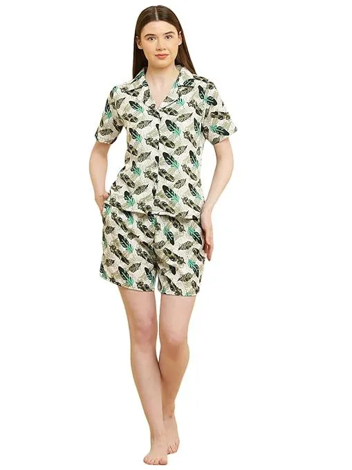 Women Night Suit Set Blue Printed (Size-2XL) (Color-LIGHT GREEN)