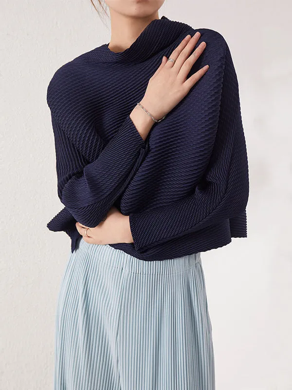 xakxx Loose Long Sleeves Pleated Solid Color High-Neck T-Shirts Tops