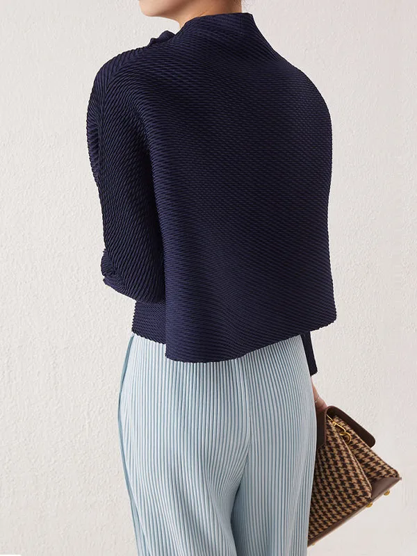 xakxx Loose Long Sleeves Pleated Solid Color High-Neck T-Shirts Tops