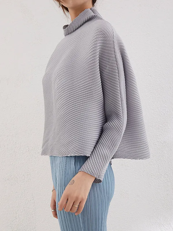 xakxx Loose Long Sleeves Pleated Solid Color High-Neck T-Shirts Tops
