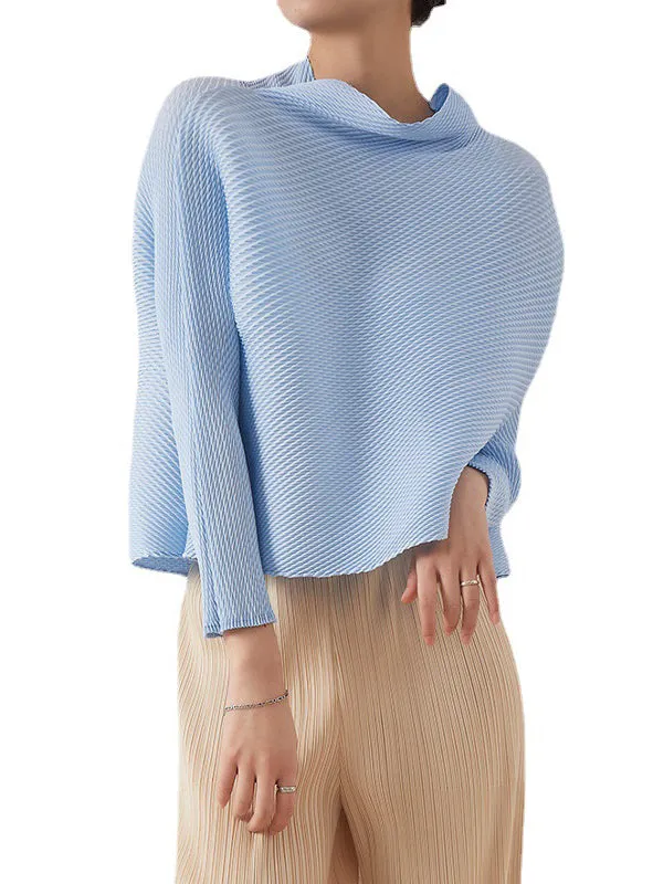 xakxx Loose Long Sleeves Pleated Solid Color High-Neck T-Shirts Tops