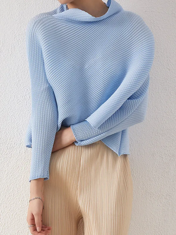 xakxx Loose Long Sleeves Pleated Solid Color High-Neck T-Shirts Tops