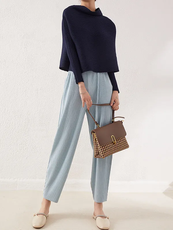 xakxx Loose Long Sleeves Pleated Solid Color High-Neck T-Shirts Tops