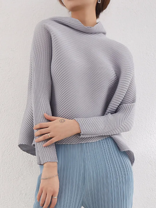 xakxx Loose Long Sleeves Pleated Solid Color High-Neck T-Shirts Tops