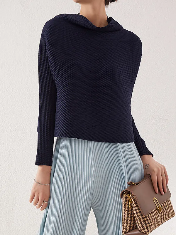 xakxx Loose Long Sleeves Pleated Solid Color High-Neck T-Shirts Tops