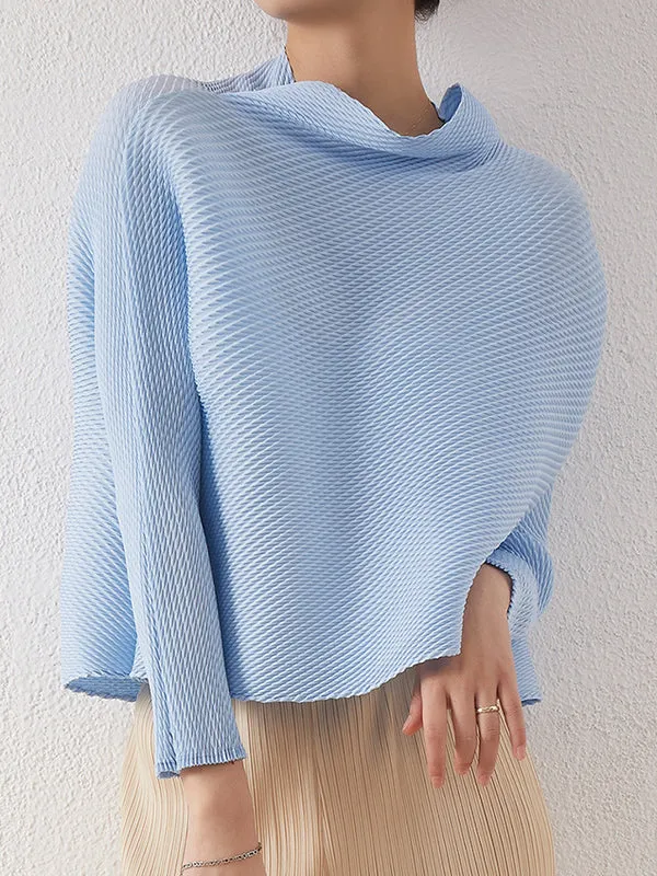 xakxx Loose Long Sleeves Pleated Solid Color High-Neck T-Shirts Tops