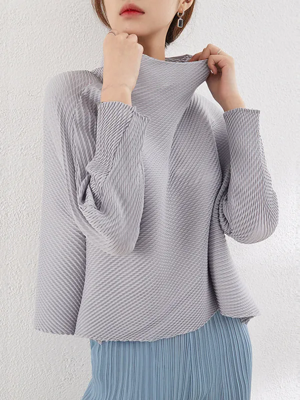 xakxx Loose Long Sleeves Pleated Solid Color High-Neck T-Shirts Tops